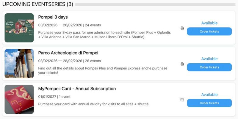 ポンペイ遺跡のチケット予約：３つのオプションから選びます
