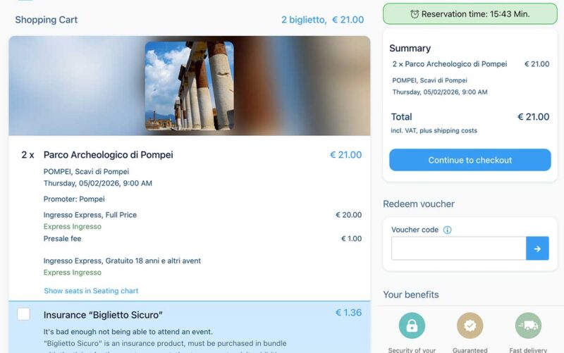 ポンペイ遺跡のチケット予約：料金を確認する