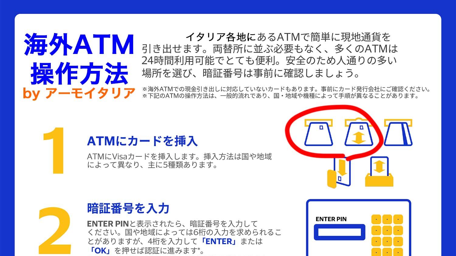 イタリアのATMでユーロ現金を引き出す手順