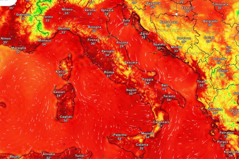 2026年8月14日13時のイタリア全土の猛暑マップ
