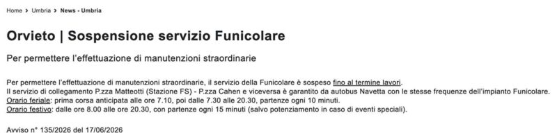 Orvieto | Sospensione servizio Funicolare